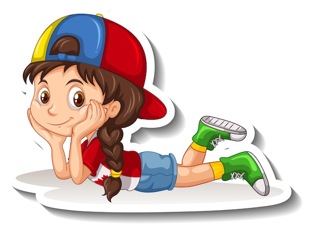 Cartoon girl lying on stomach, wearing colorful cap, red shirt, denim shorts, and green sneakers, smiling with hands under chin.