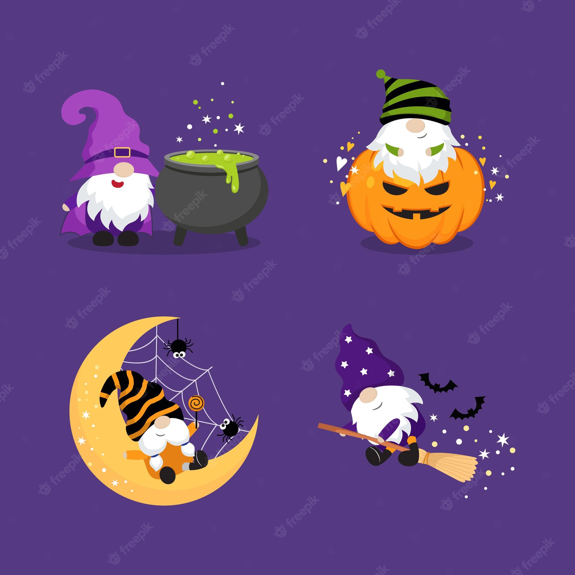 Four cute Halloween gnomes in costumes: witch, pumpkin-headed, moon-sitting, and flying on broomstick with bats and spiders.