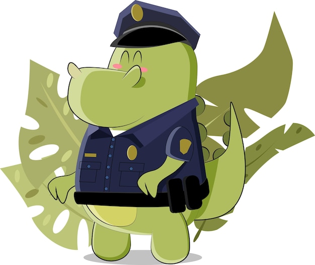 Cute green crocodile dressed as a police officer with cap, badge, and uniform, standing among tropical leaves.