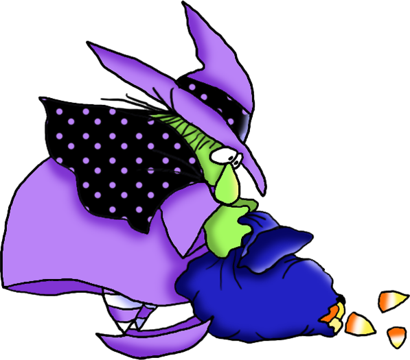 A green-skinned witch in a purple hat and cloak leans over a blue sack, spilling candy corn.