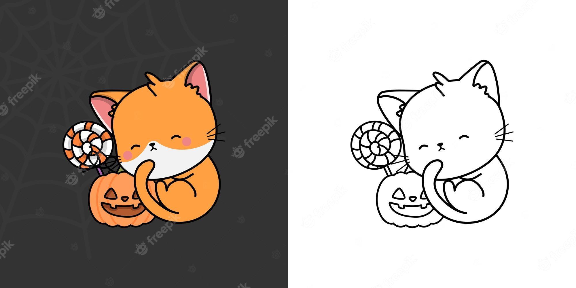 Cute orange Halloween cat hugging a jack-o'-lantern and lollipop, with black-and-white line art version beside it.