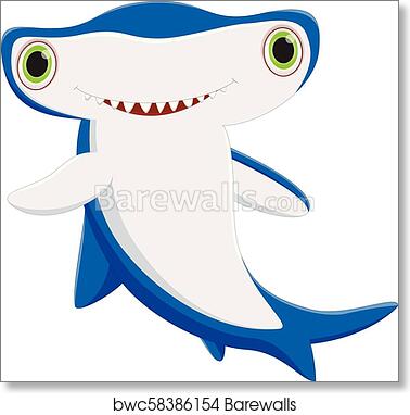 Friendly cartoon hammerhead shark with big green eyes and smiling teeth, blue and white coloring on white background.