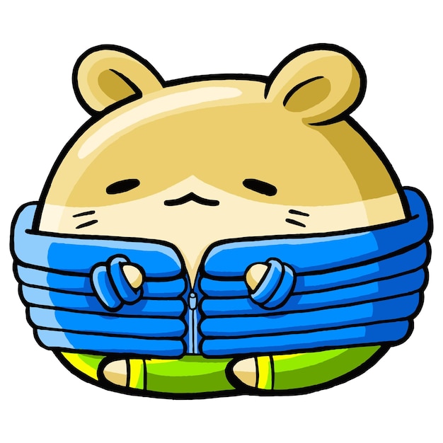 Cute cartoon hamster hugging a blue zippered jacket, wearing green pants, with a sleepy expression.