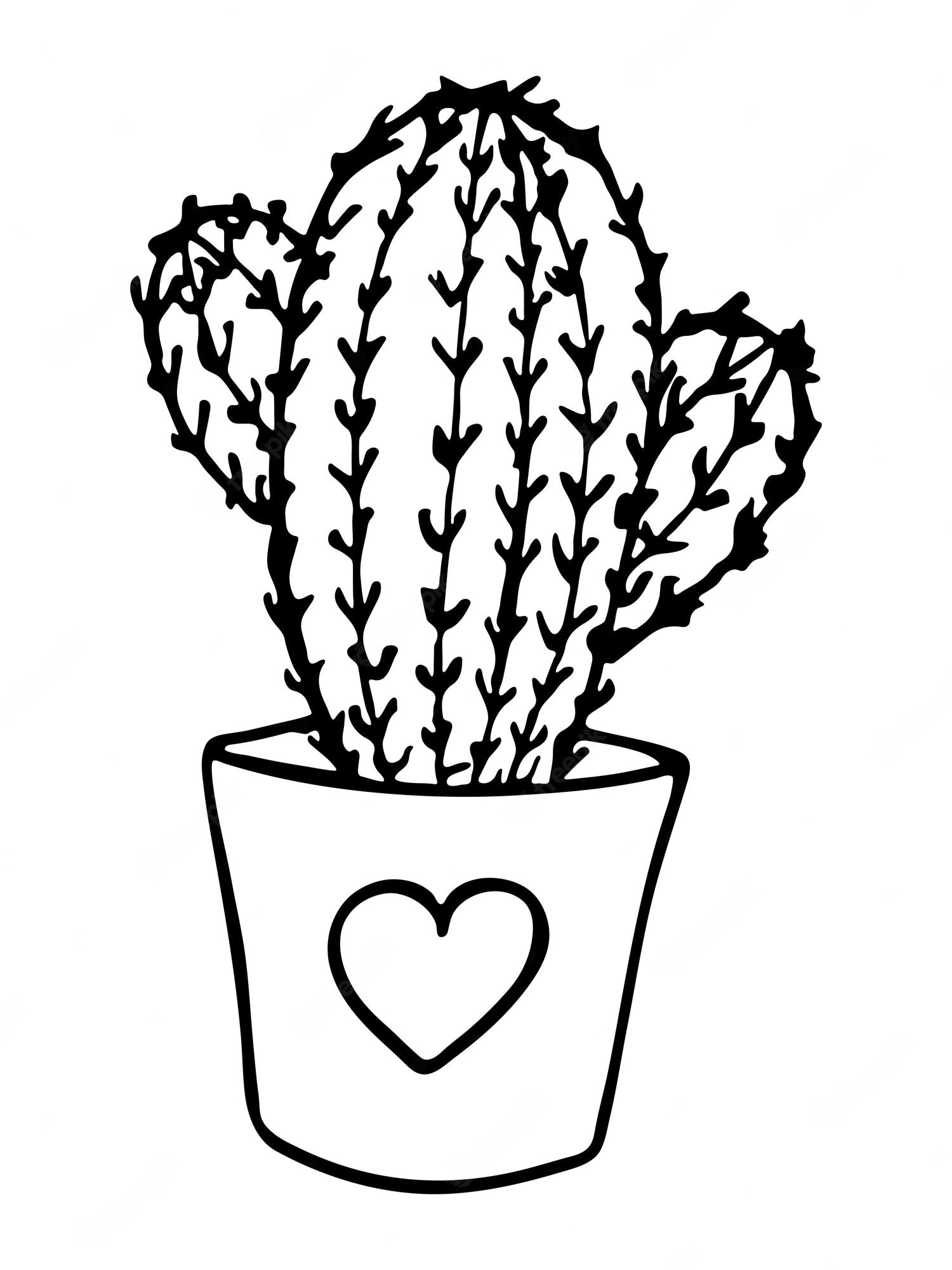 Cactus in Heart-Patterned Pot - Minimalist Line Art Illustration