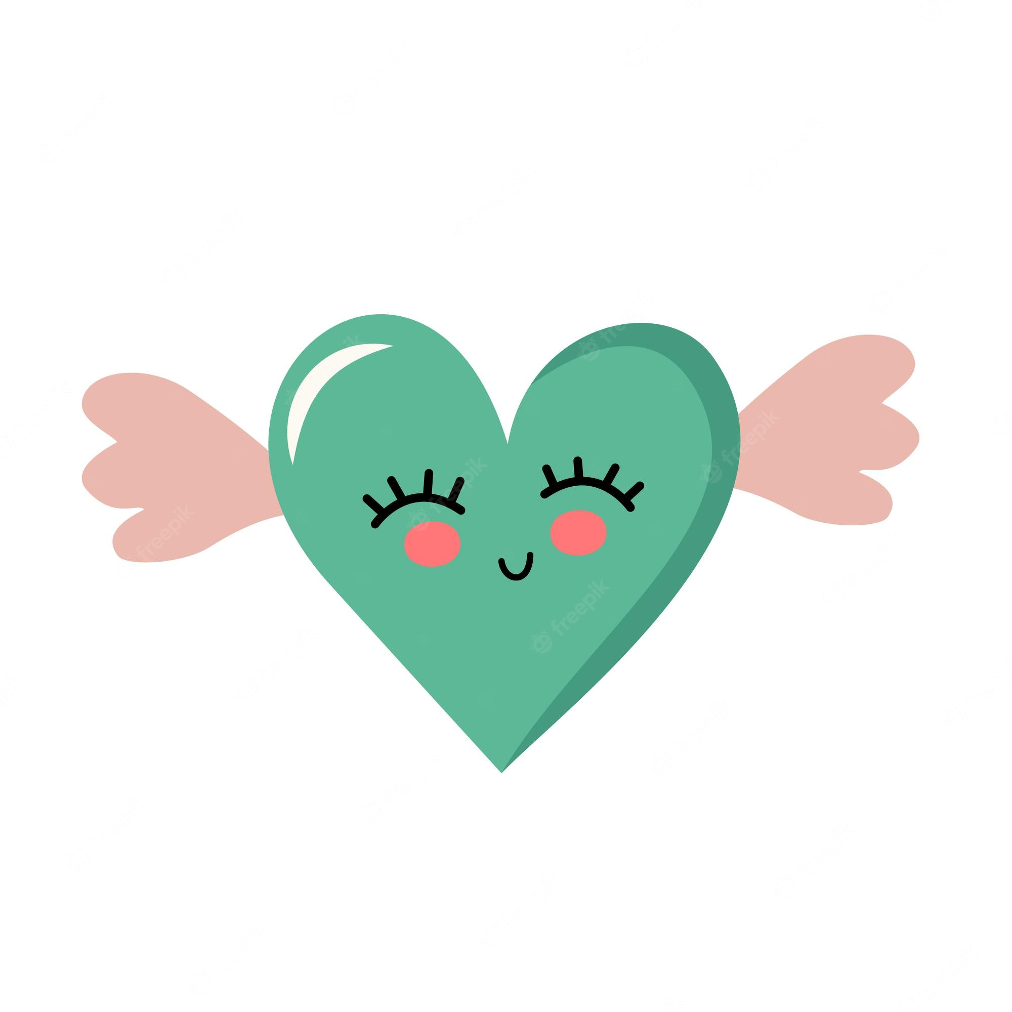 Cute green heart with closed eyes, blush cheeks, a smile, and pink wings on white background.