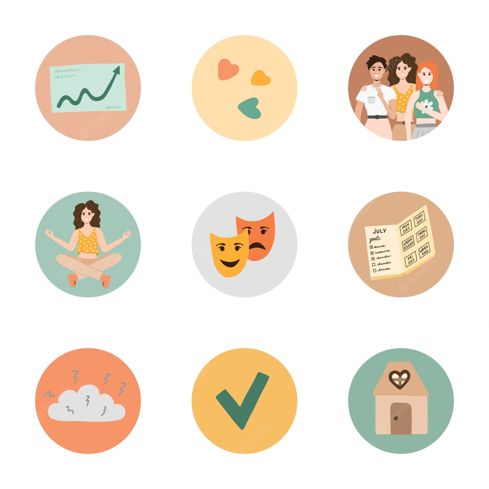 Nine illustrated icons representing personal growth, emotions, relationships, planning, mindfulness, and well-being.