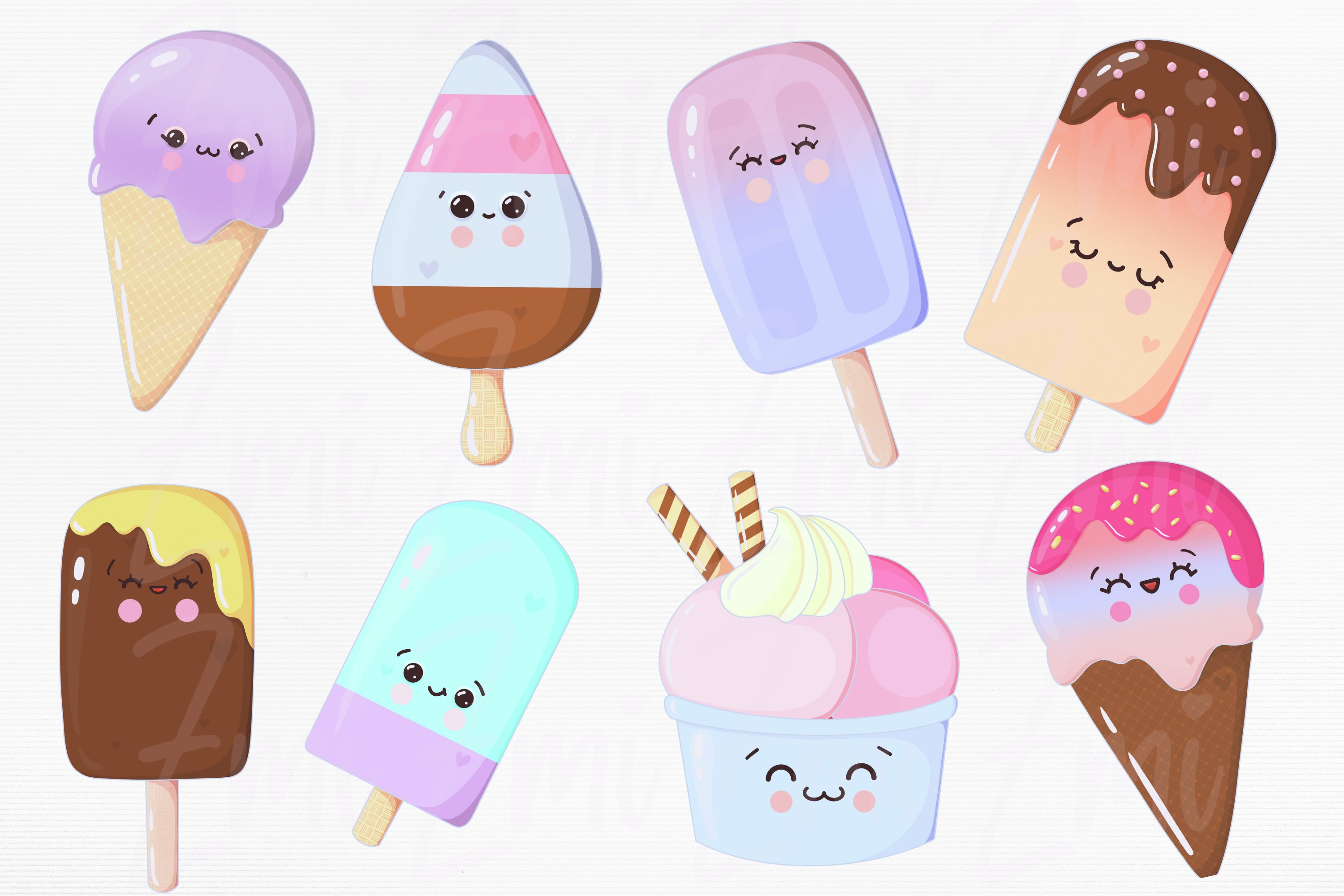 Eight kawaii-style ice cream characters with expressive faces, including cones, popsicles, and a cup, in pastel and vibrant colors.