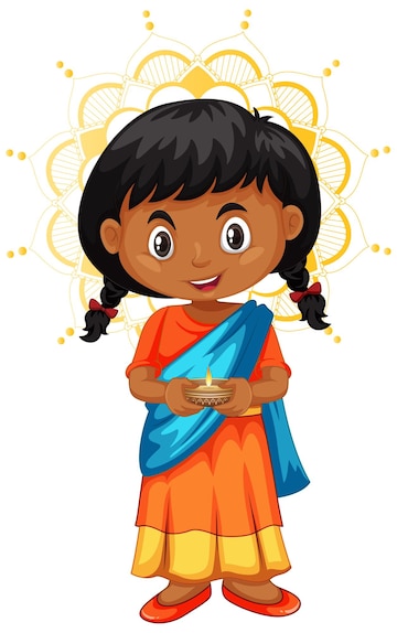 Indian Girl Holding Diya - Cultural Illustration for Festivals & Education