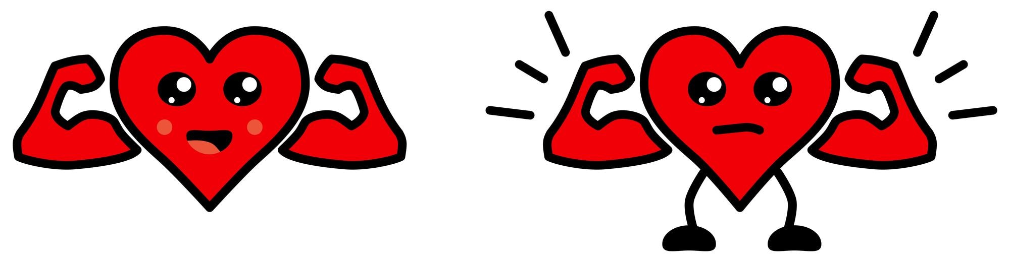 Two cartoon hearts with muscular arms: one smiling confidently, the other straining with effort and sweat lines.