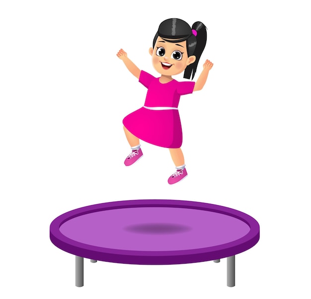 Happy girl in pink dress jumping on a purple trampoline, smiling with arms raised.