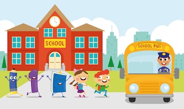 Cheerful cartoon children and anthropomorphic school supplies walking toward a red school building with a yellow bus nearby.