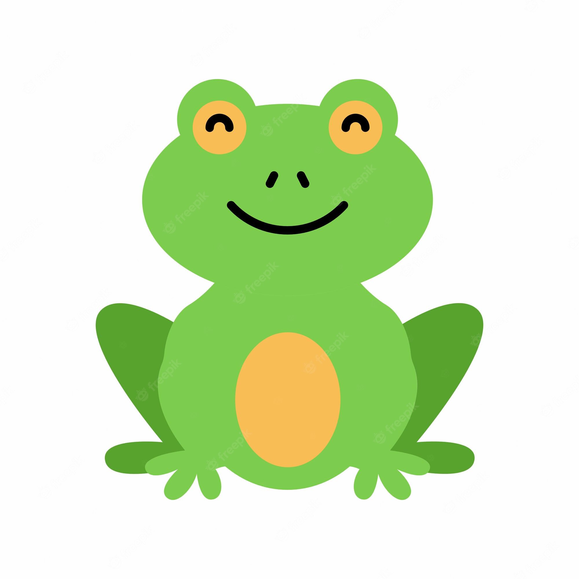 Smiling green cartoon frog with orange eyes and belly, sitting upright on white background.