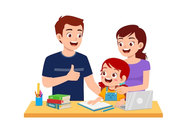 Happy family of three learning together at a desk with books, laptop, and school supplies.