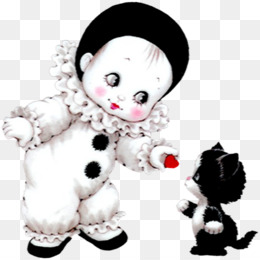 A vintage-style clown in white ruffled costume offers a red heart to a curious black-and-white kitten.