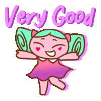 Cheerful cartoon girl with green hair and pink dress, arms outstretched, labeled "Very Good"