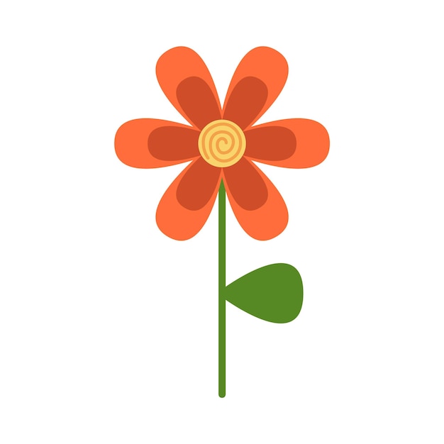 Simple orange flower with yellow spiral center, green stem and leaf on white background.
