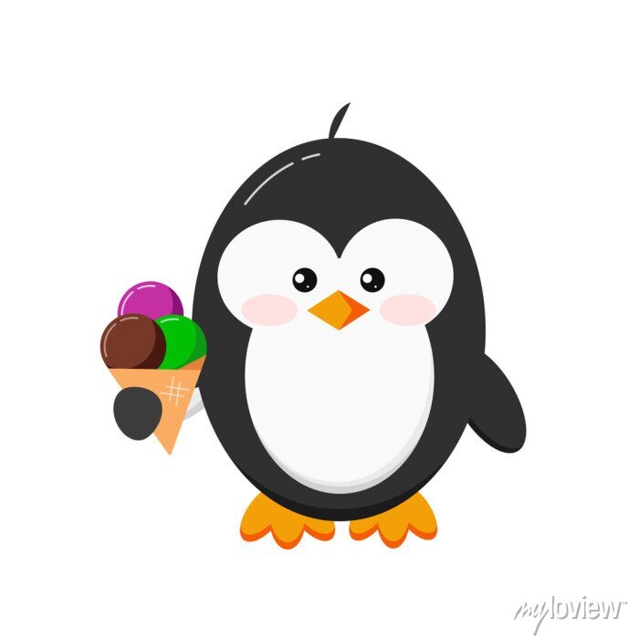 Cute cartoon penguin holding a three-scoop ice cream cone with purple, chocolate, and green flavors.
