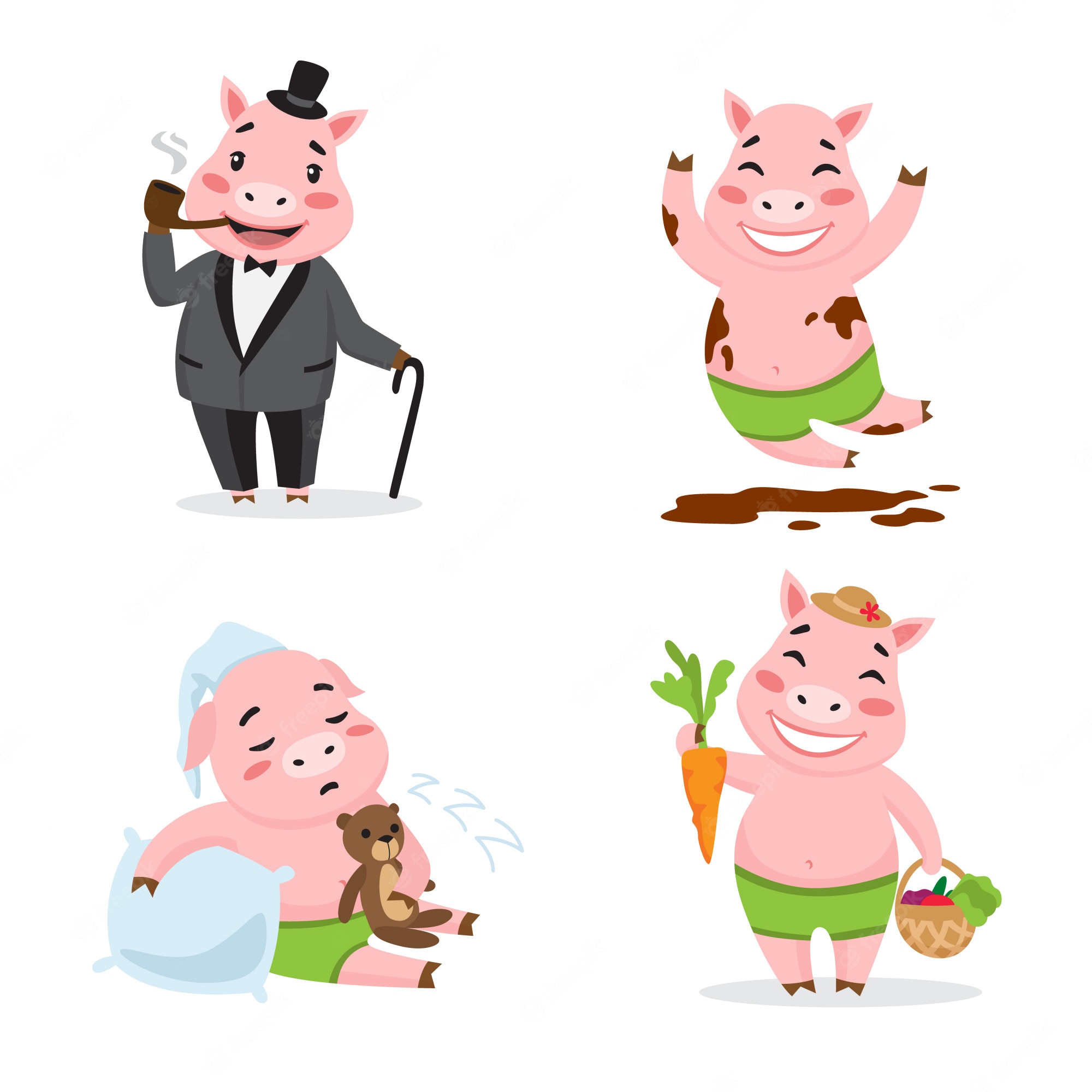 Fun Cartoon Pig Characters - Dress-Up & Lifestyle Illustrations