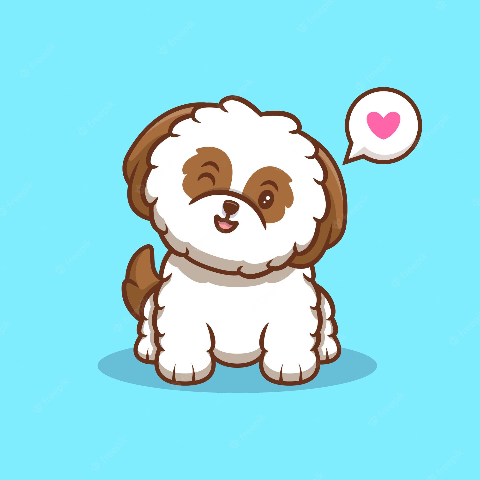 Cute cartoon Shih Tzu puppy with fluffy white and brown fur, winking eye, pink heart speech bubble on blue background.