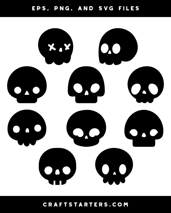 Collection of 10 stylized black-and-white skull icons in various cartoon expressions, available as EPS, PNG, and SVG files.