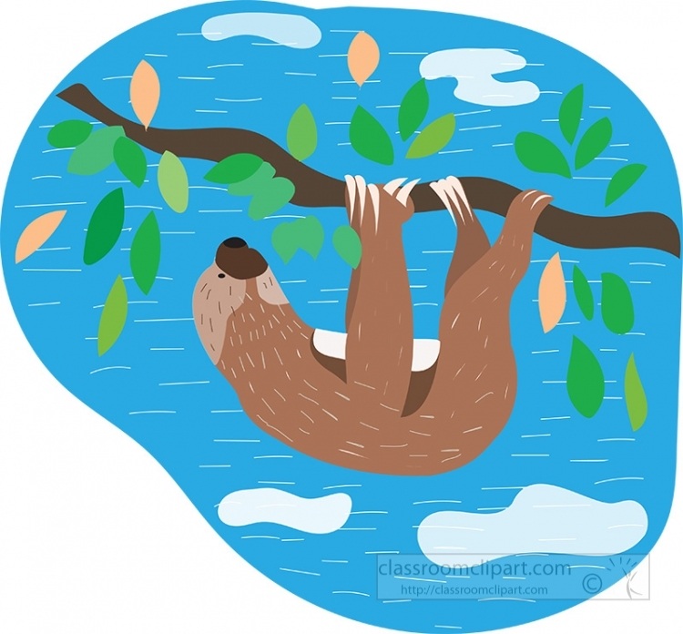 A cartoon sloth hanging upside down from a tree branch against a blue sky with green leaves and clouds.