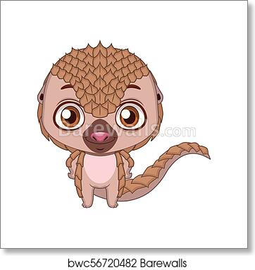 Cute cartoon pangolin with large eyes, brown scales, and a friendly expression on white background.