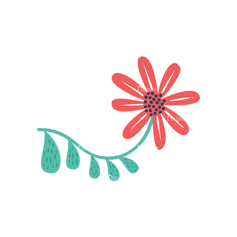 Hand-drawn stylized red flower with green stem and leaves, featuring playful dots and organic shapes.