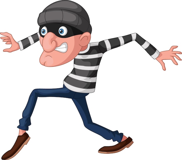 Cartoon burglar in striped shirt, black mask, and beanie running with exaggerated expression.