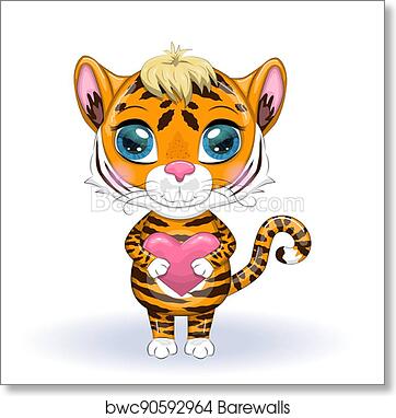 Cute cartoon tiger cub with blue eyes, blonde hair tuft, and pink heart in paws.