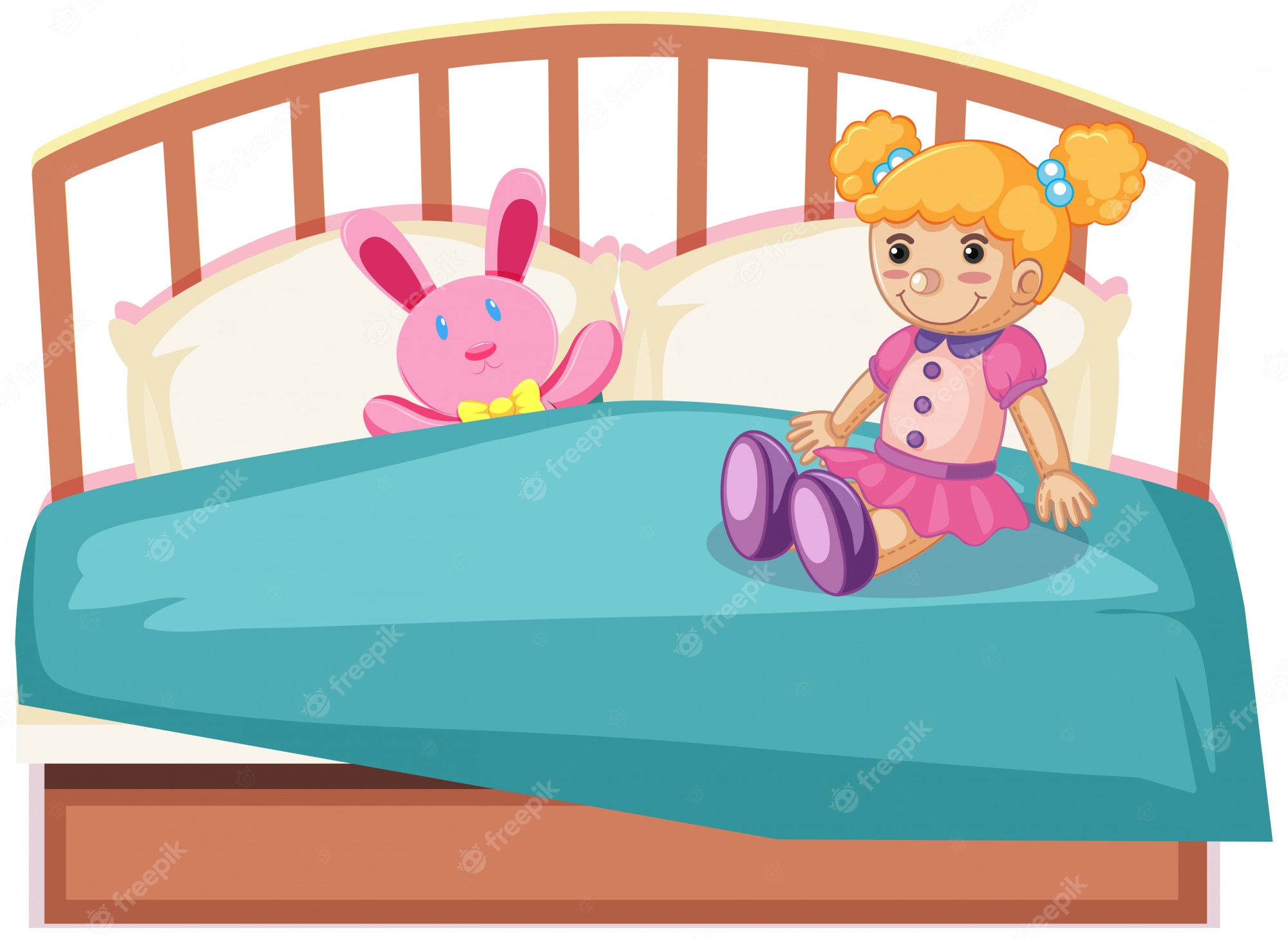 A smiling doll with blonde pigtails and a pink dress sits on a teal bed beside a pink bunny plush toy.