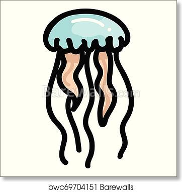Stylized cartoon jellyfish with light blue bell and flowing black tentacles on cream background.