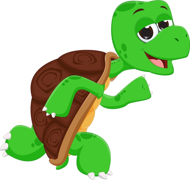 Cheerful green cartoon turtle running with a brown shell and happy expression.