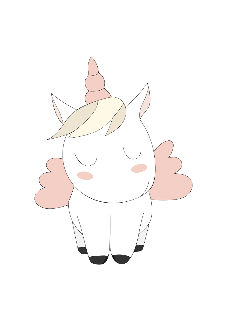 A cute cartoon unicorn with closed eyes, pink wings, and a spiral horn, standing peacefully on black background.