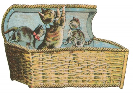 Three vintage illustrated kittens playing inside a woven wicker basket with rope trim.