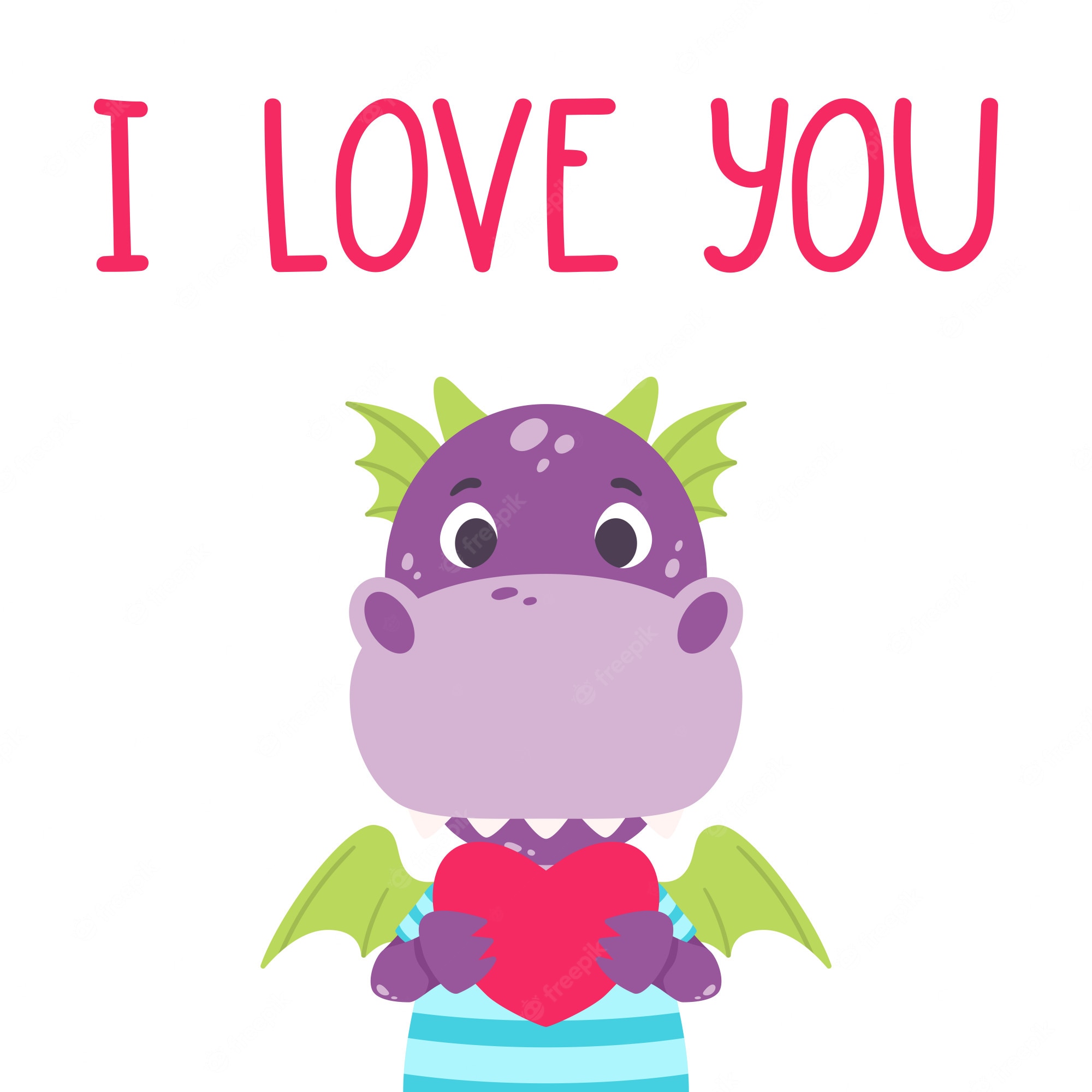 Cute purple dragon with green wings holding a red heart, under "I LOVE YOU" text.