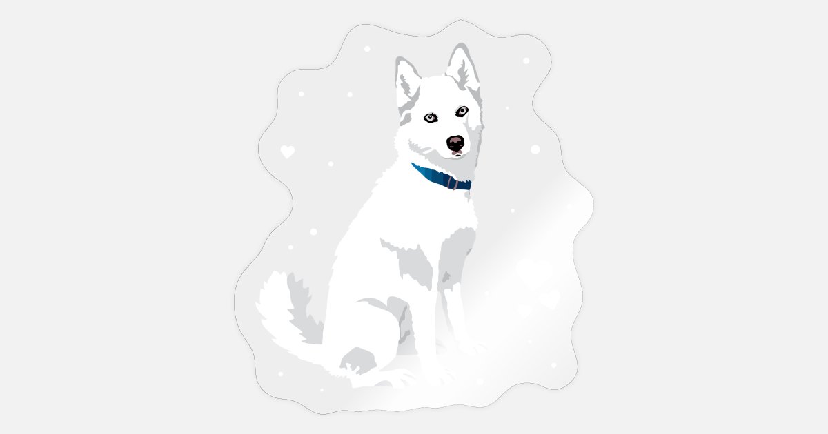 White husky dog with blue collar sitting in snowy scene, illustrated sticker style.