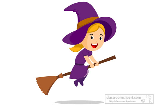 Cheerful cartoon witch with blonde hair flying on a broomstick, wearing a purple hat and dress.
