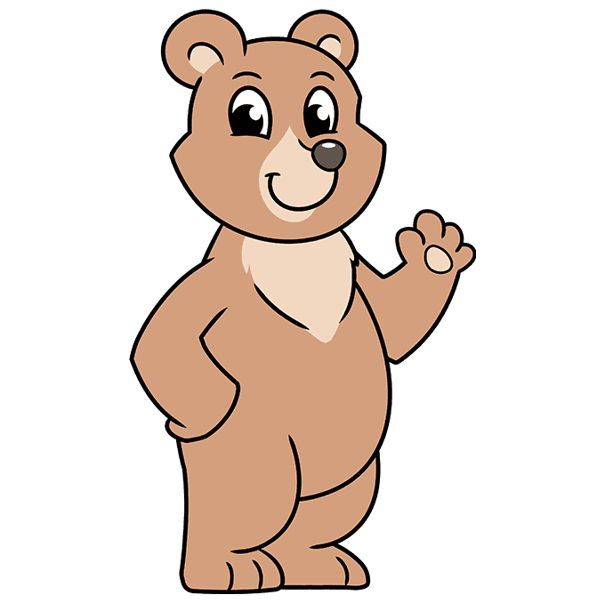 Friendly cartoon bear waving with one hand, smiling, standing upright on black background.