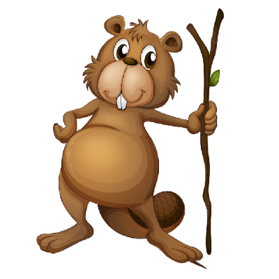 Cartoon beaver standing upright, holding a stick with a leaf, smiling with prominent front teeth.