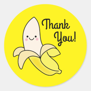Cute smiling banana character with "Thank You!" text on yellow background sticker design.