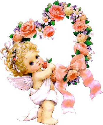 Cherubic angel with wings, holding a rose beneath a floral heart wreath with pink ribbon bow.
