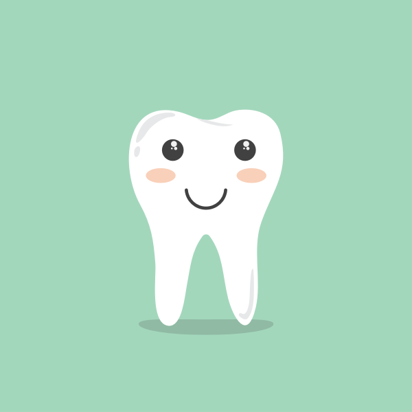 Smiling cartoon tooth with big eyes and rosy cheeks on mint green background.