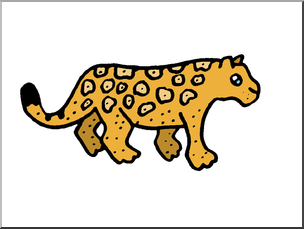 Hand-drawn illustration of a walking jaguar with yellow-orange fur and black rosette spots.