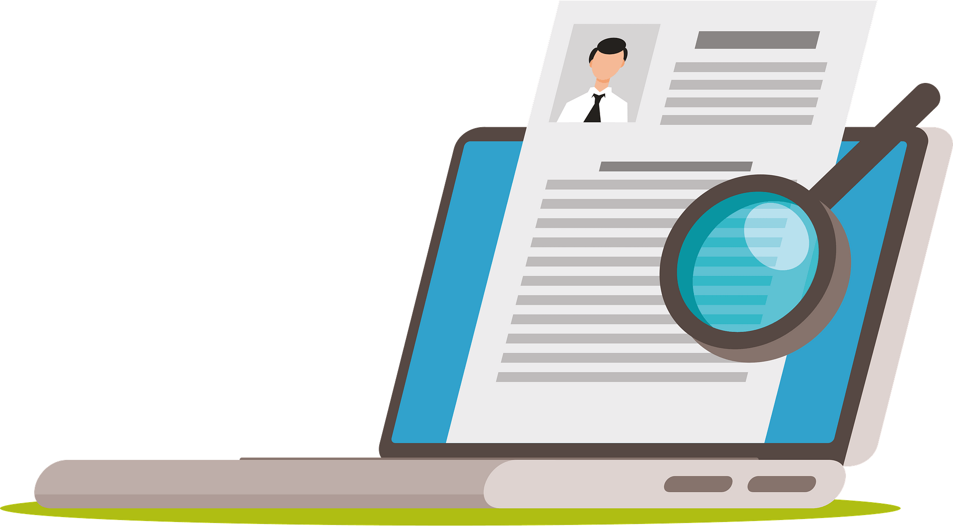 Laptop screen showing a resume with a magnifying glass inspecting details, symbolizing job application review or candidate screening.