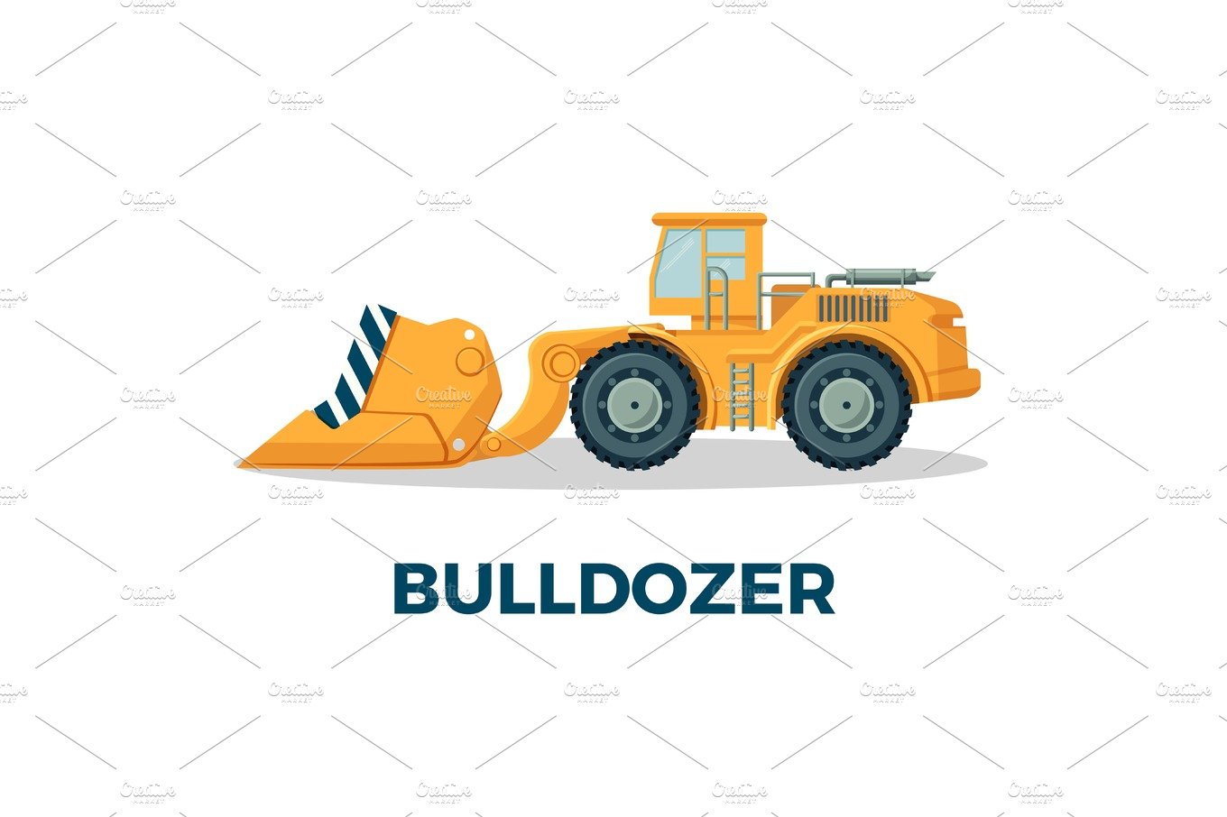 Yellow front-end loader bulldozer with striped blade, flat vector illustration on white background.
