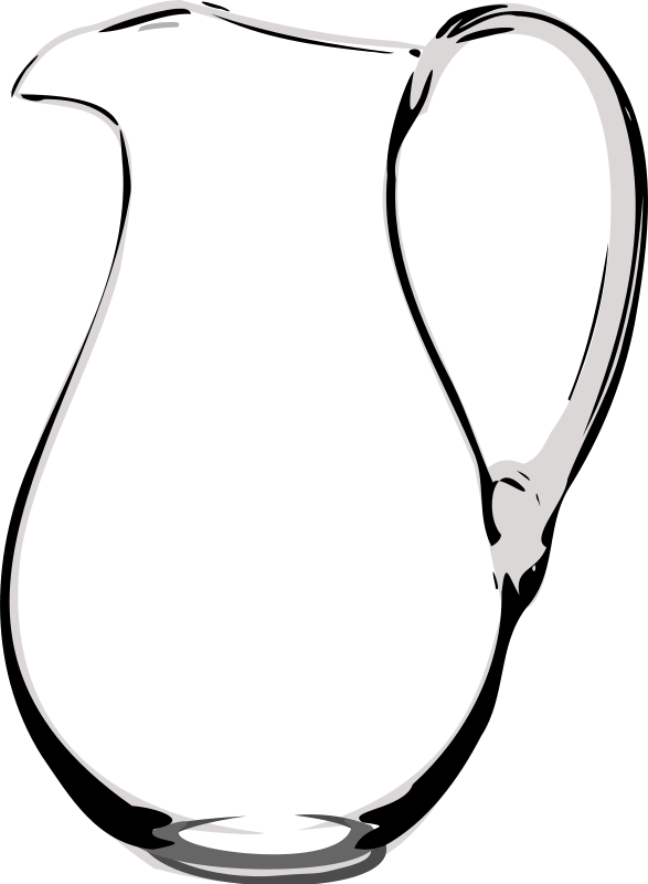 A sleek, transparent glass pitcher with a curved spout and ergonomic handle, rendered in high-contrast black-and-white illustration.