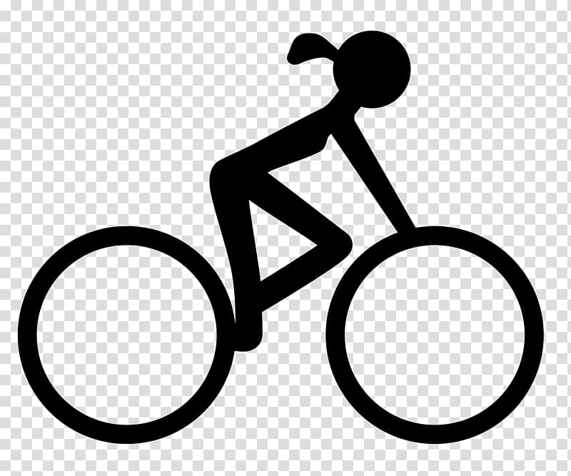 Silhouette of a person with a ponytail riding a bicycle, black icon on transparent background.