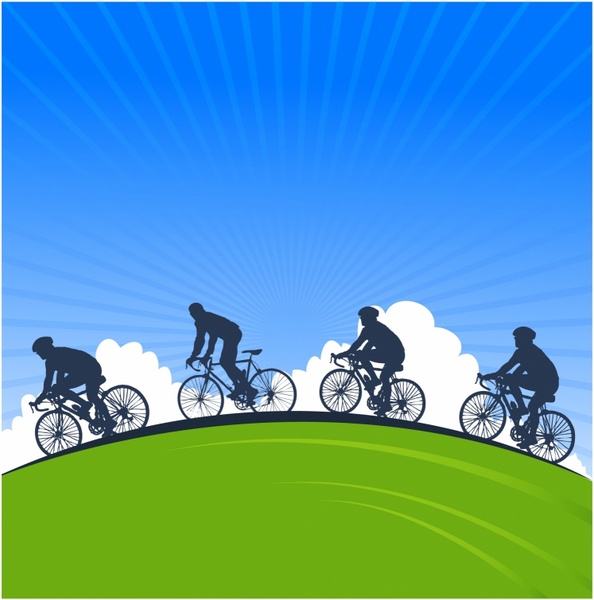 Four cyclists in silhouette riding uphill on a green hill against a radiant blue sky with clouds.