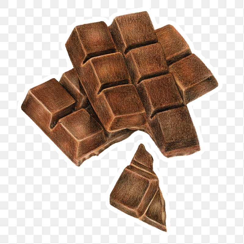 Realistic illustration of broken dark chocolate pieces with rich texture and glossy sheen on transparent background.