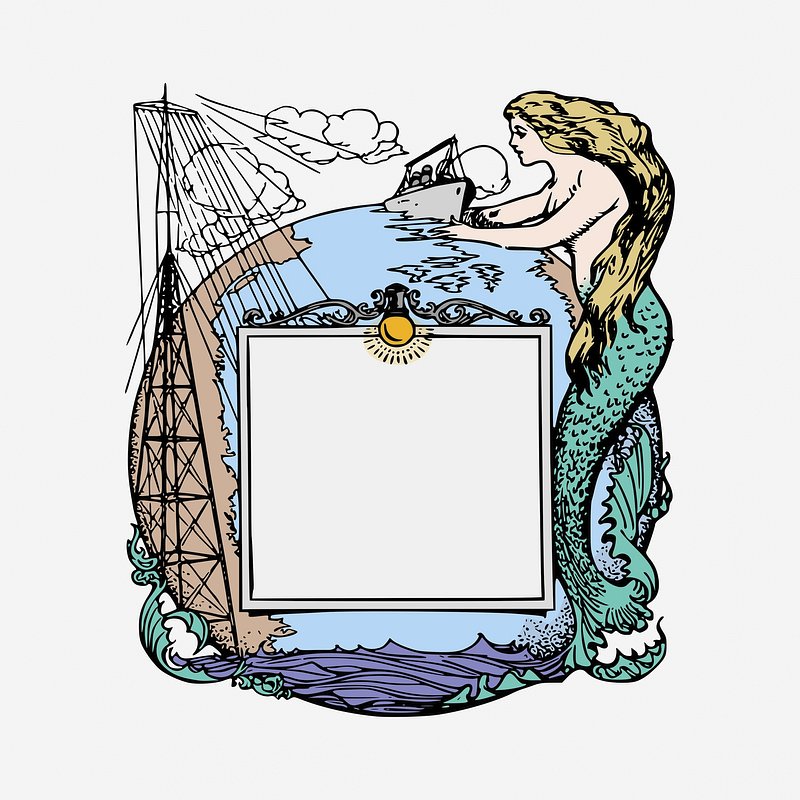 A mermaid with golden hair and teal tail holds a ship over a stylized globe, flanked by a lighthouse and ornate frame with sun motif.